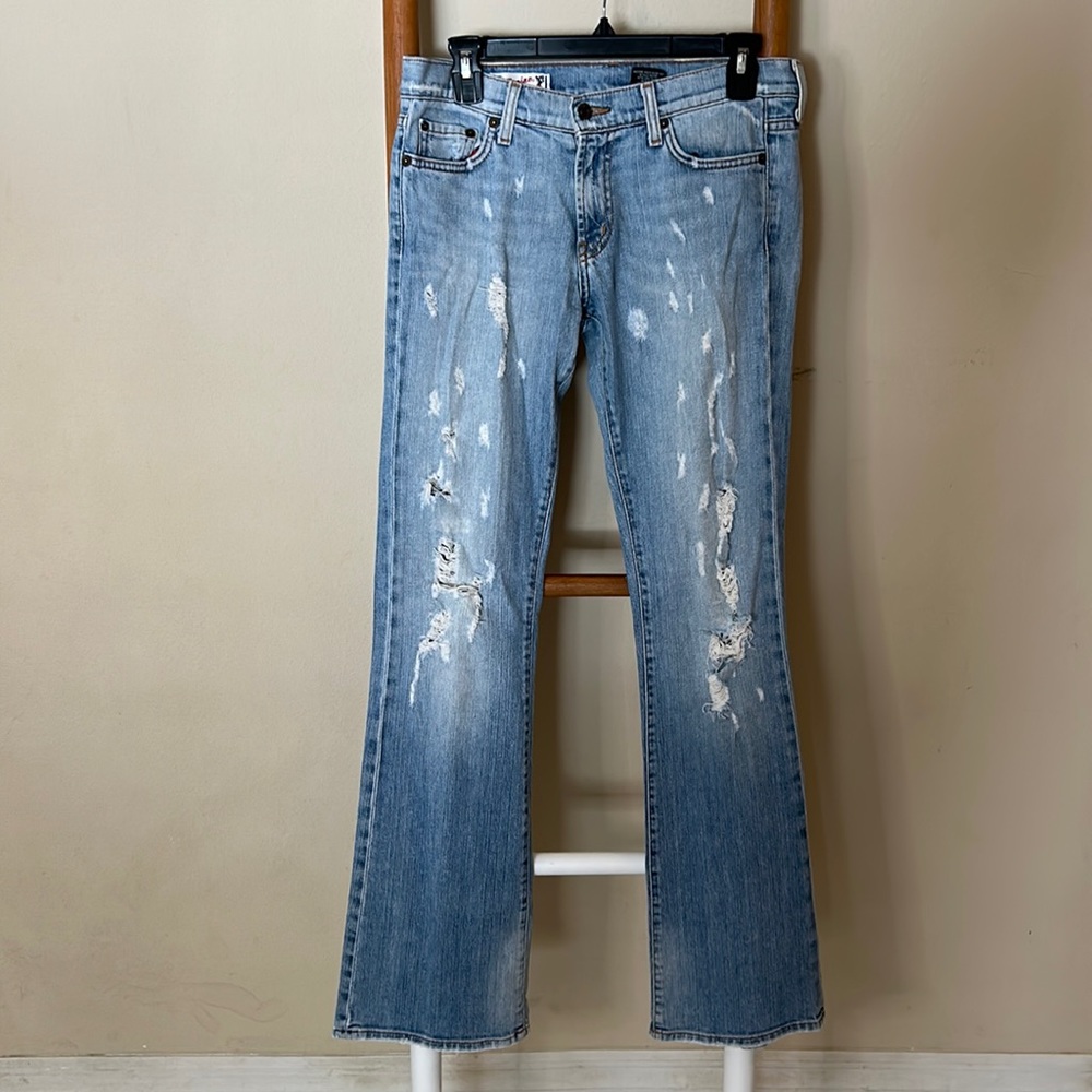 Red engine boot, cut distressed, vintage denim size 29 low waisted medium wash